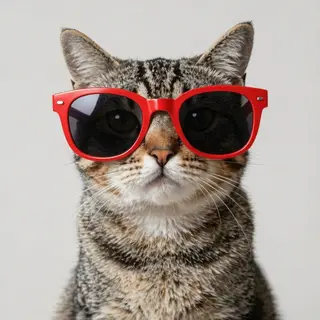 A tabby cat wearing oversized red sunglasses