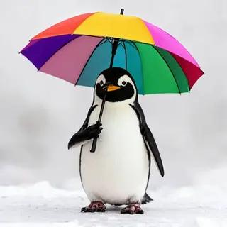 A penguin holding a colorful umbrella