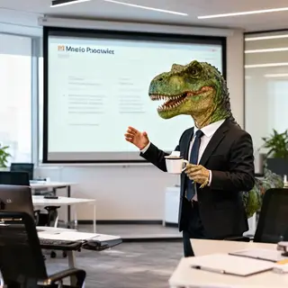 A dinosaur in a business suit giving a PowerPoint presentati