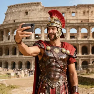 A Roman gladiator taking a selfie with a smartphone in the C