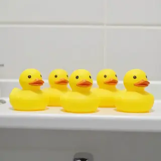 Exactly 5 yellow rubber ducks sitting in a row on a bathroom
