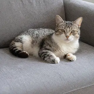 A cat lying on a couch without a collar