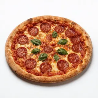 A pepperoni pizza with tomato sauce, basil, and crust but ab