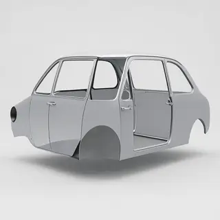 A car body with windows, doors, and headlights but no wheels