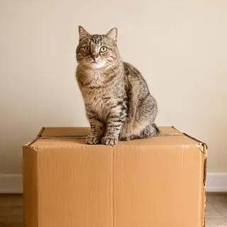 A cat sitting on top of a cardboard box