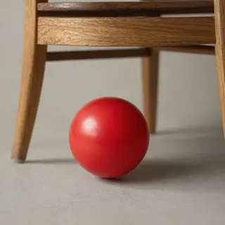 A red ball underneath a wooden chair