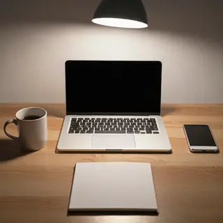 A desk scene: laptop in the center, coffee mug to the left, 