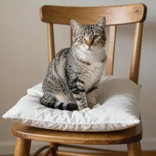 A cat sitting on a pillow, the pillow placed on a wooden cha