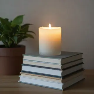 A candle on top of a stack of books, the books next to a pot