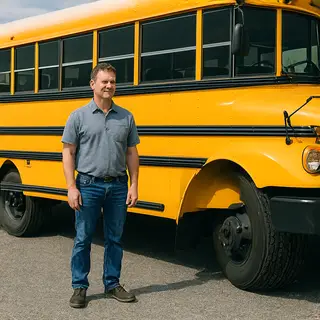 A person standing next to a yellow school bus, showing reali