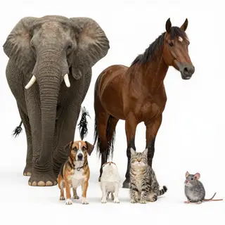 A group photo of an elephant, a horse, a dog, a cat, and a m