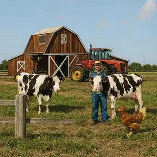 A farm scene with a barn, tractor, farmer, cow, chicken, and