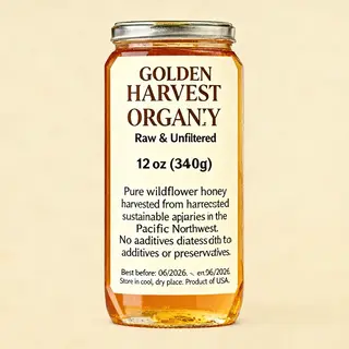 A product label for 'GOLDEN HARVEST ORGANIC HONEY' with subt