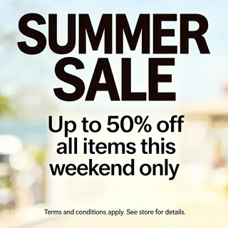 A poster with headline 'SUMMER SALE' in large bold text, bod