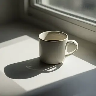 A coffee mug on a sunny windowsill casting a sharp shadow to