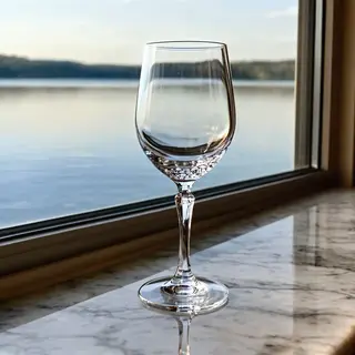 A crystal wine glass on a polished marble counter next to a 