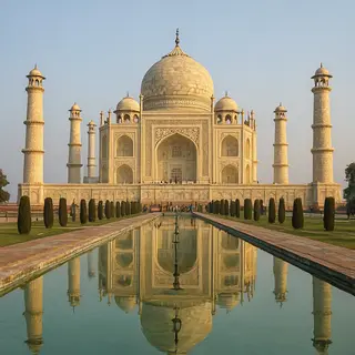 The Taj Mahal in Agra seen from the reflecting pool, with ac