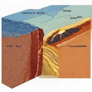 A cross-section showing tectonic plates at a convergent boun