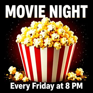 A movie night poster with a large popcorn image in the cente