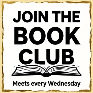 A book club poster with an open book illustration, the title