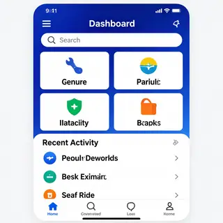 A mobile app UI mockup showing a dashboard with a top naviga