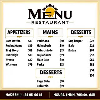 A restaurant menu layout with a logo header, three category 