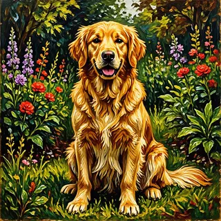 A golden retriever sitting in a garden, painted in the style