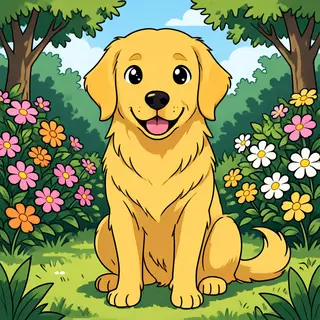 A golden retriever sitting in a garden, rendered in Japanese