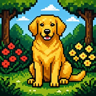 A golden retriever sitting in a garden, rendered in pixel ar