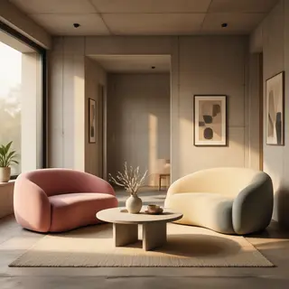 An interior scene rendered in soft brutalism — raw concrete 