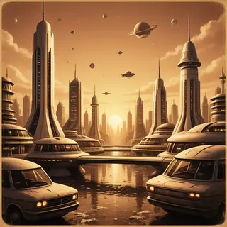 A cityscape rendered in nostalgic futurism — retro-futuristi