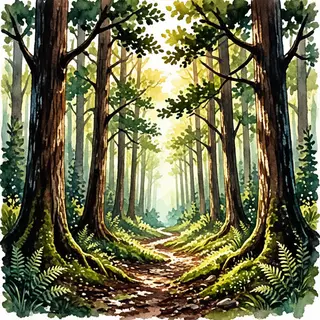 A forest rendered in photorealistic watercolor — the detail 