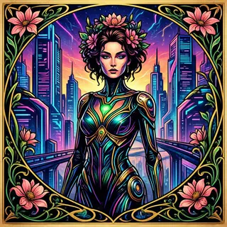 A woman in a futuristic city rendered in cyberpunk Art Nouve