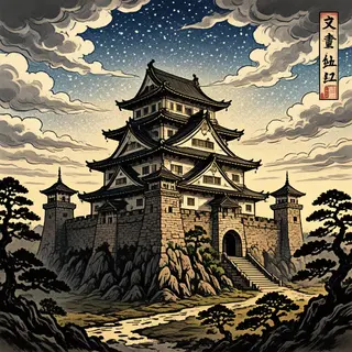 A medieval castle depicted in Japanese ukiyo-e woodblock pri