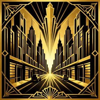 A city street scene in the style of Art Deco — geometric sha