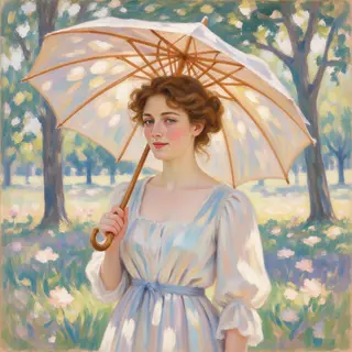 A woman with a parasol in the style of Impressionism — soft 