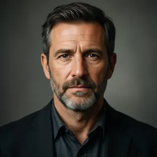 A portrait of a middle-aged man with a calm, serious express