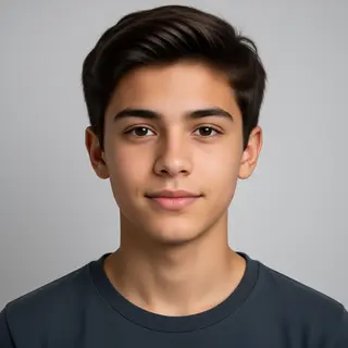 A headshot of a teenager with a relaxed, neutral face
