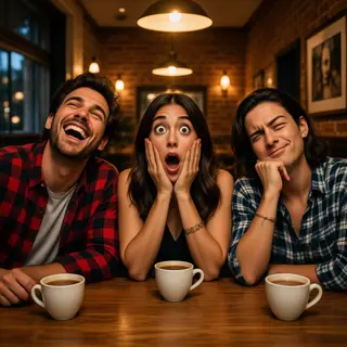A group of three friends at a table: one laughing with head 