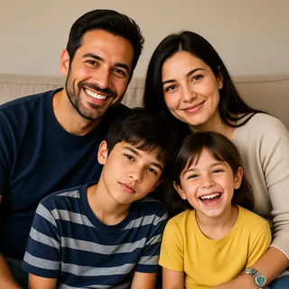 A family photo with four people: a father beaming with pride