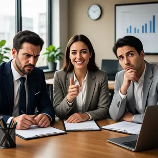 Three coworkers in a meeting: one looking frustrated with fu
