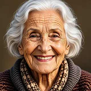 An elderly woman in her 80s with deep wrinkles and white hai