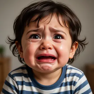 A 5-year-old child with round cheeks and large eyes, crying 