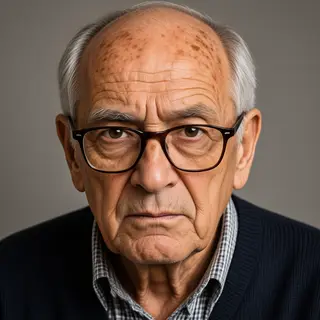 An elderly man in his 70s with age spots and thinning gray h