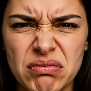 A close-up of a person's face showing clear disgust, nose wr