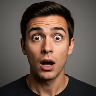 A portrait capturing genuine surprise — raised eyebrows, wid