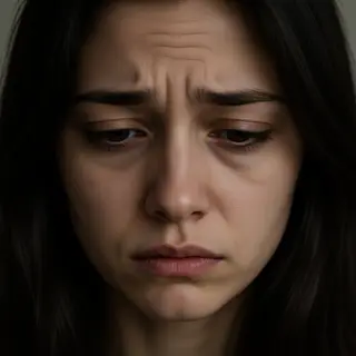 A face showing quiet melancholy — downcast eyes, slightly dr