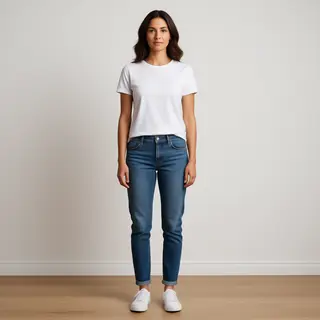 A woman standing upright in a relaxed pose, arms at her side