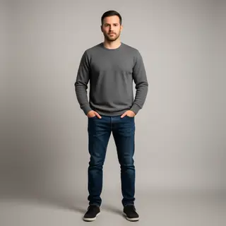 A man standing straight facing the camera, hands in pockets,