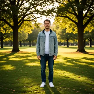 A person standing in a neutral pose in a park, full body vis